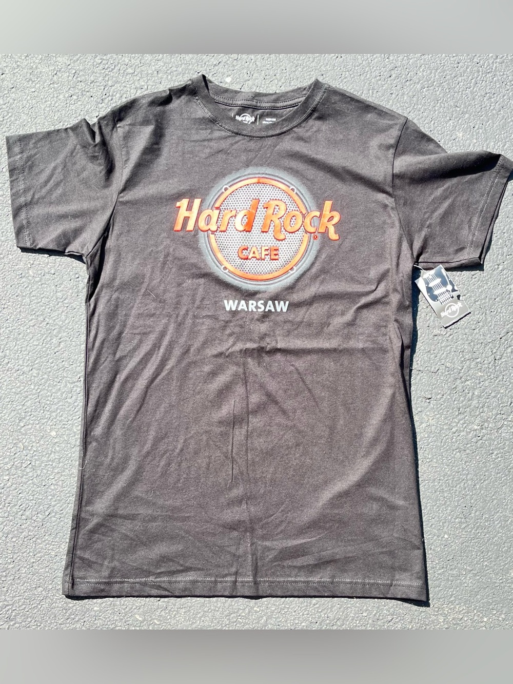 Hard Rock Cafe Graphic  Black T‑Shirt Orange Logo Warsaw, Poland Siize M Cotton